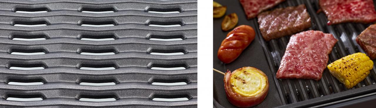 穴から肉の余分な脂を落として煙や油の飛び散りを抑える「深型穴あき焼肉プレート」