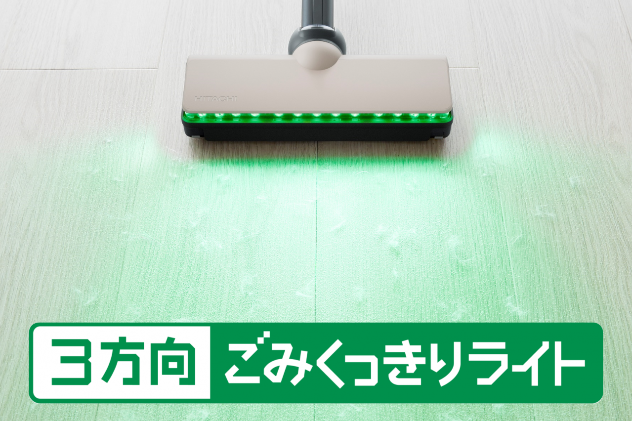 2.ヘッドの前と左右3方向の広い範囲で見えにくいごみを浮かび上がらせる「3方向ごみくっきりライト」New