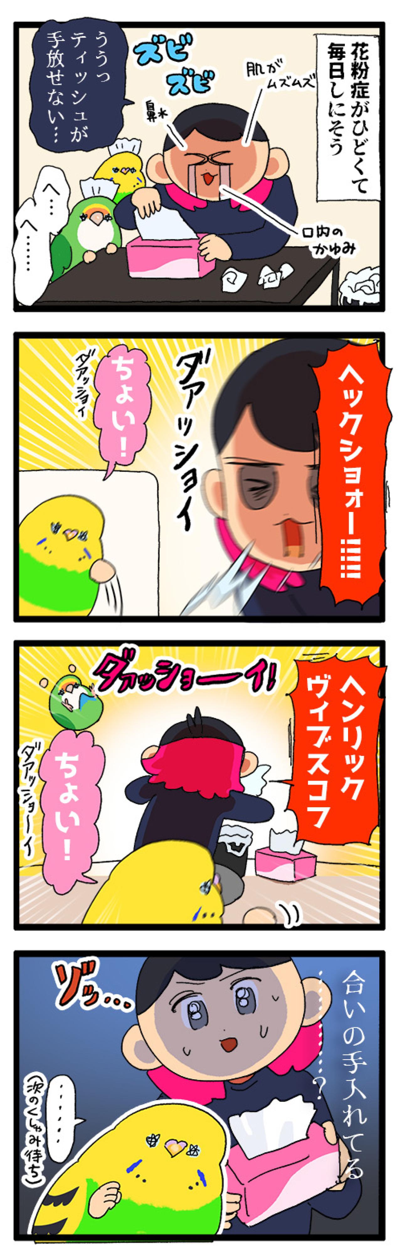 飼い主のくしゃみに合いの手！花粉症のくしゃみ待ちをするカチョリエル【鳥マンガ #176】（画像5）