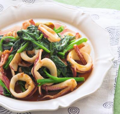 【ツルムラサキ】の簡単でおいしい主菜＆副菜2選「いかのカレーしょうゆ炒め」「焼き油揚げの梅しょうが和え」（サムネイル画像3）